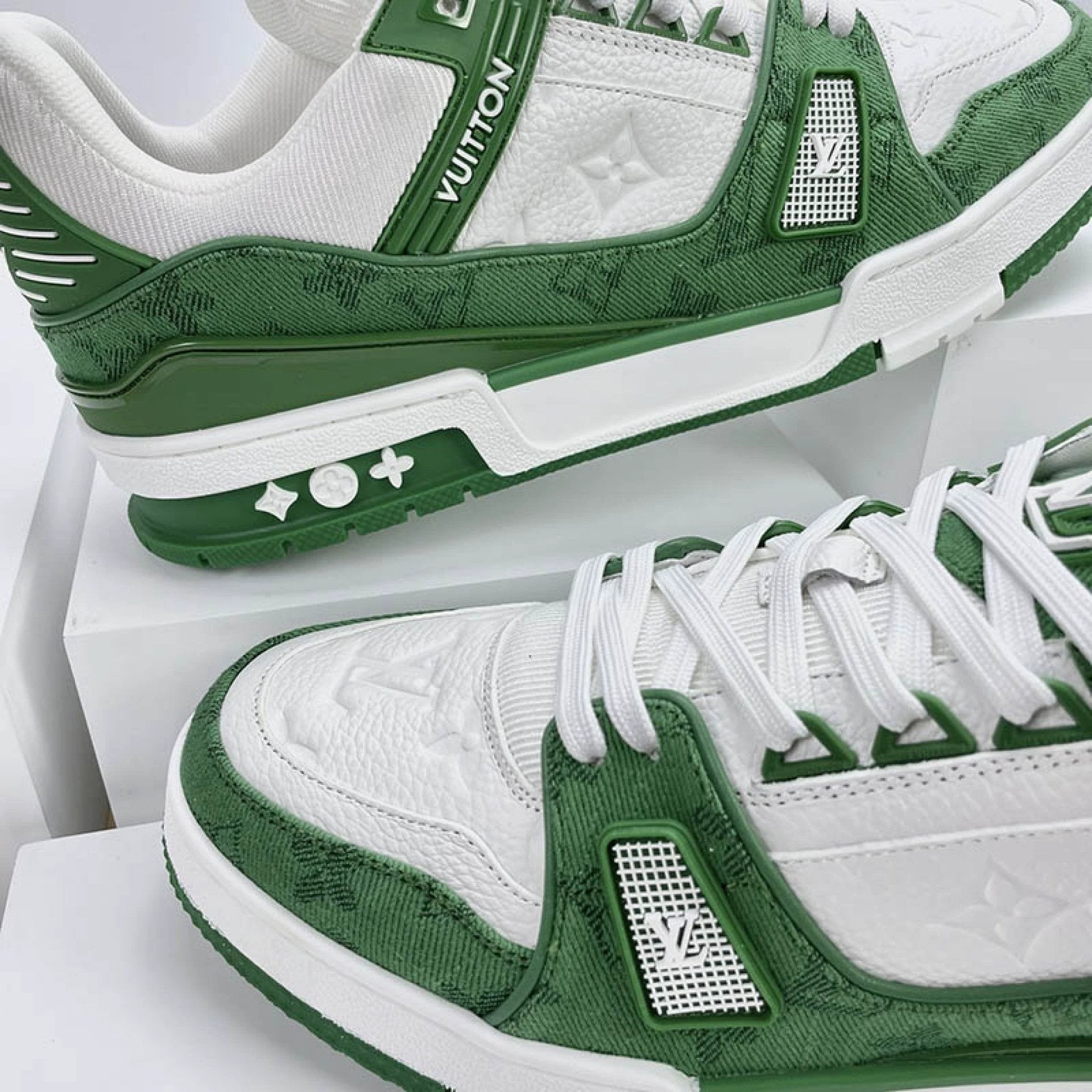 Luxury Virgil Trainer Sneakers Green Monogram Denim White by Air Jordan