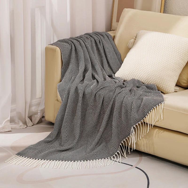 100% Cotton Luxury Herringbone Large Sofa Bed Throw Blanket Fringed Tweed Soft Bowlift by Bowlift