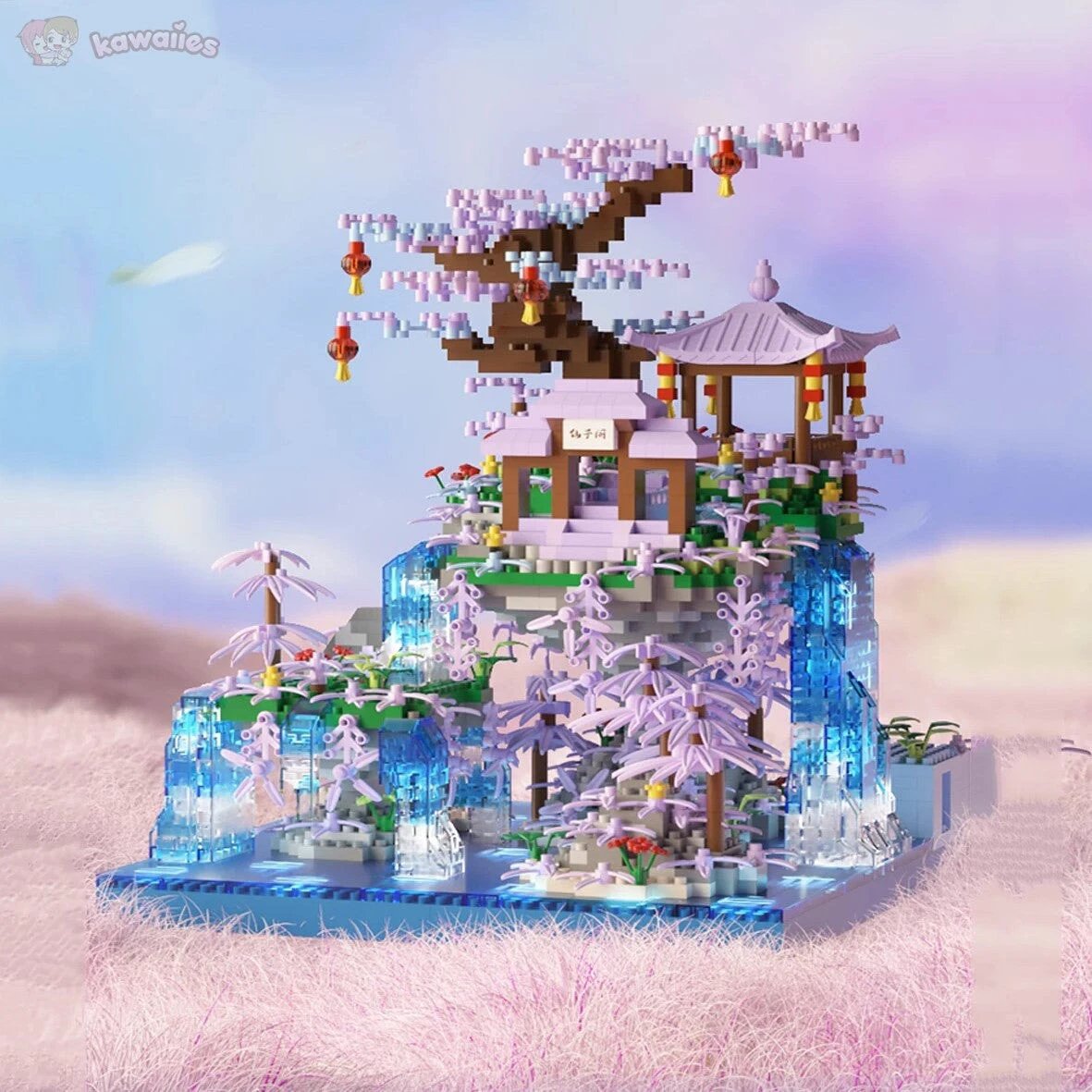 Purple Sakura Floating Pavilion Waterfall Island Nano Building Set by BowLift
