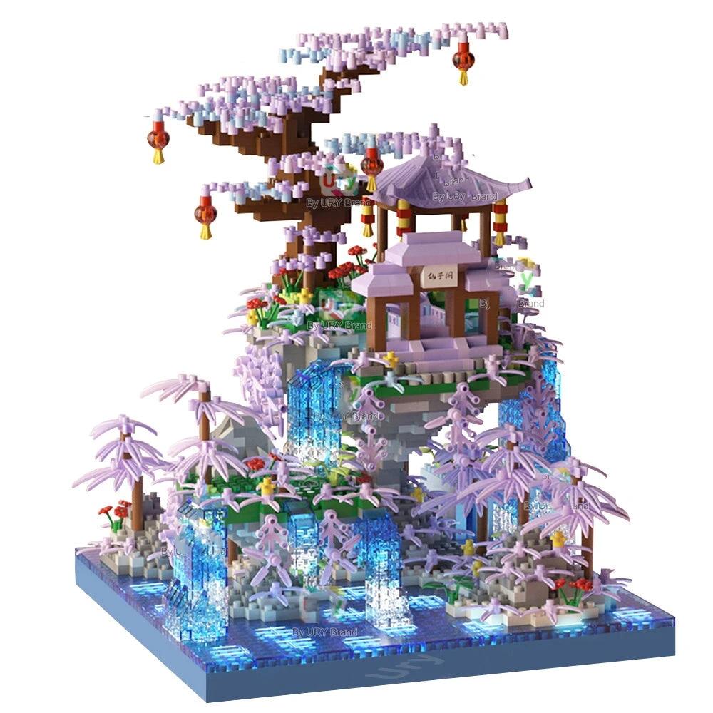 Purple Sakura Floating Pavilion Waterfall Island Nano Building Set by BowLift