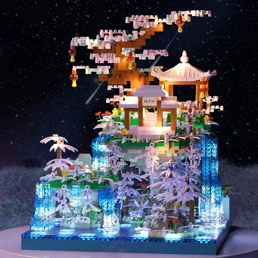 Purple Sakura Floating Pavilion Waterfall Island Nano Building Set by BowLift