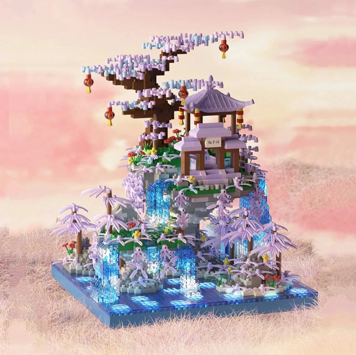 Purple Sakura Floating Pavilion Waterfall Island Nano Building Set by BowLift