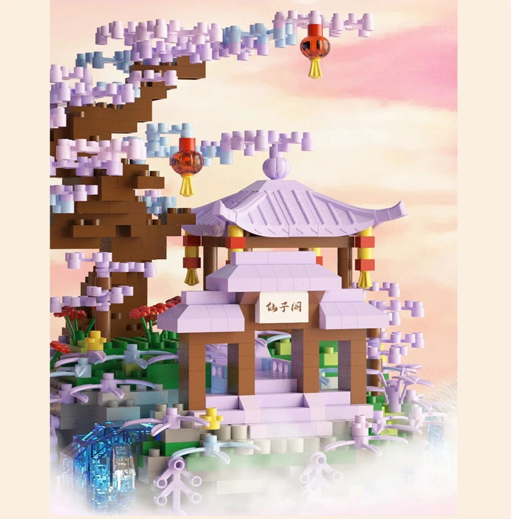 Purple Sakura Floating Pavilion Waterfall Island Nano Building Set by BowLift