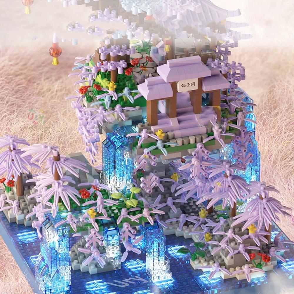 Purple Sakura Floating Pavilion Waterfall Island Nano Building Set by BowLift
