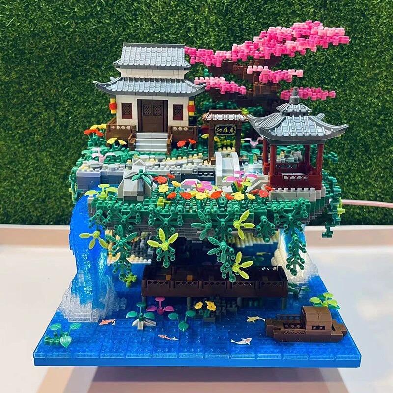Waterfall Japanese House Sakura Tree Floating Island Nano Building Blocks | Limited Stock by BowLift