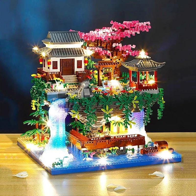 Waterfall Japanese House Sakura Tree Floating Island Nano Building Blocks | Limited Stock by BowLift