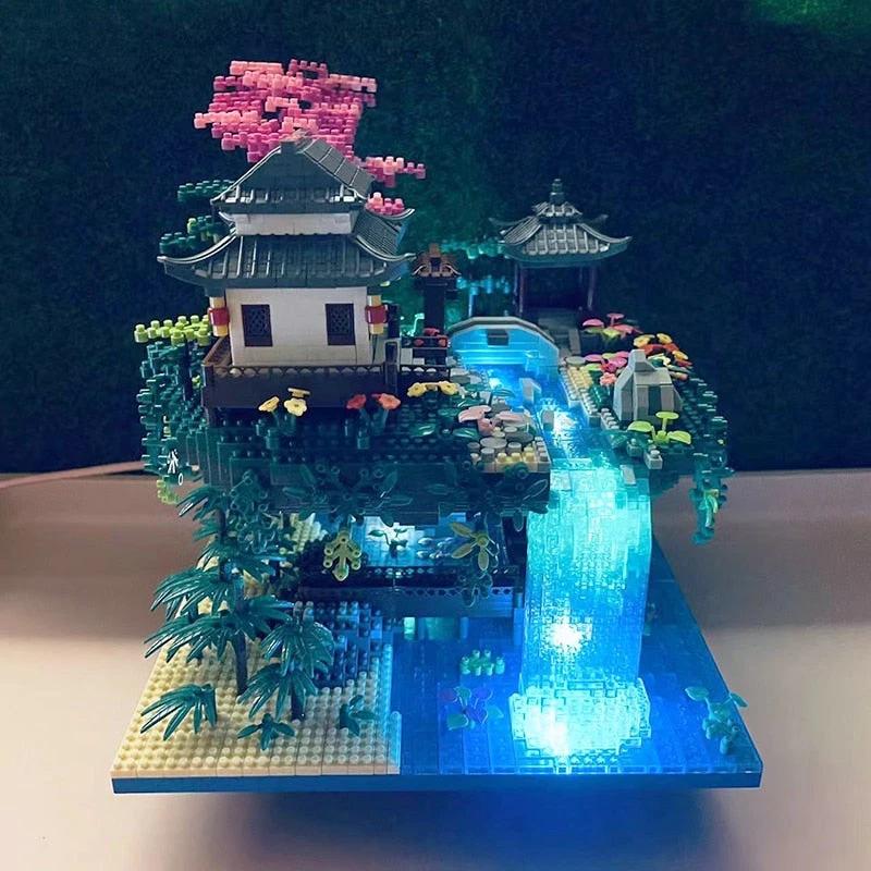 Waterfall Japanese House Sakura Tree Floating Island Nano Building Blocks | Limited Stock by BowLift