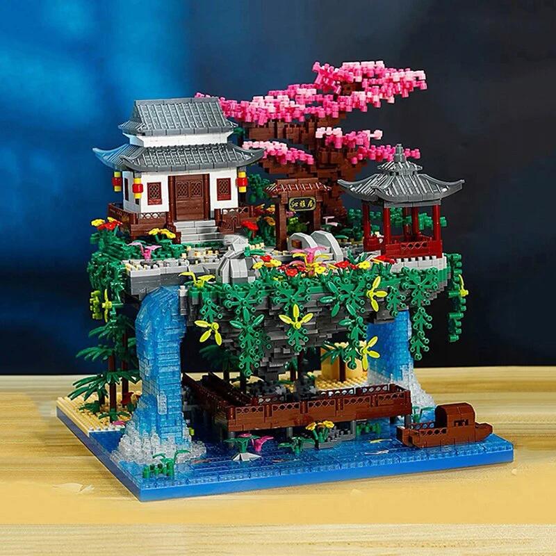 Waterfall Japanese House Sakura Tree Floating Island Nano Building Blocks | Limited Stock by BowLift