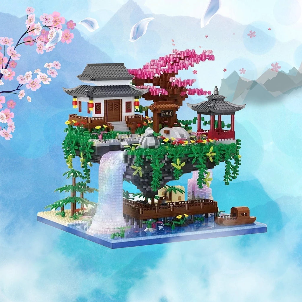 Waterfall Japanese House Sakura Tree Floating Island Nano Building Blocks | Limited Stock by BowLift