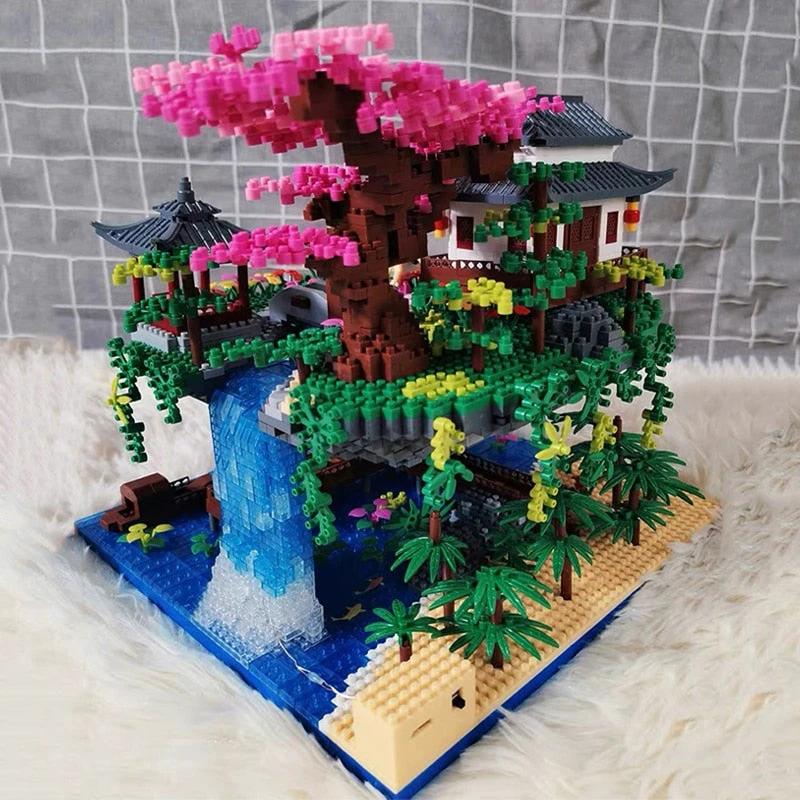 Waterfall Japanese House Sakura Tree Floating Island Nano Building Blocks | Limited Stock by BowLift