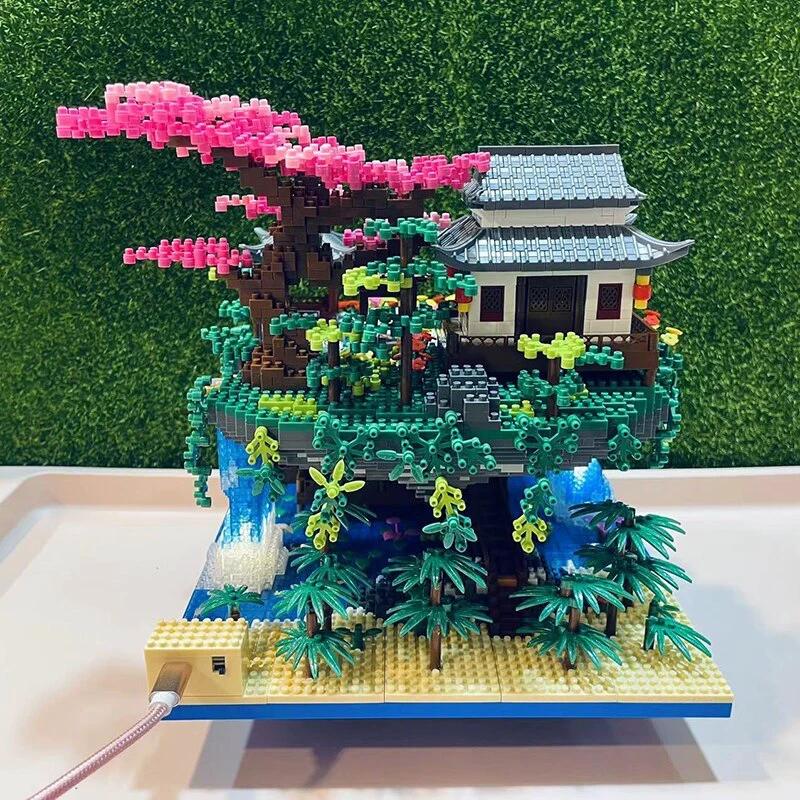Waterfall Japanese House Sakura Tree Floating Island Nano Building Blocks | Limited Stock by BowLift