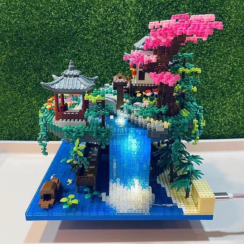 Waterfall Japanese House Sakura Tree Floating Island Nano Building Blocks | Limited Stock by BowLift