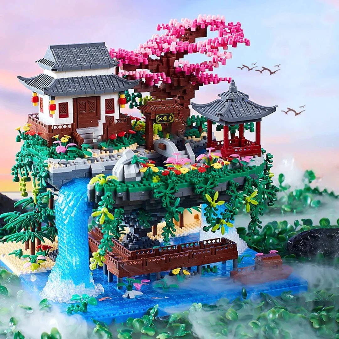 Waterfall Japanese House Sakura Tree Floating Island Nano Building Blocks | Limited Stock by BowLift