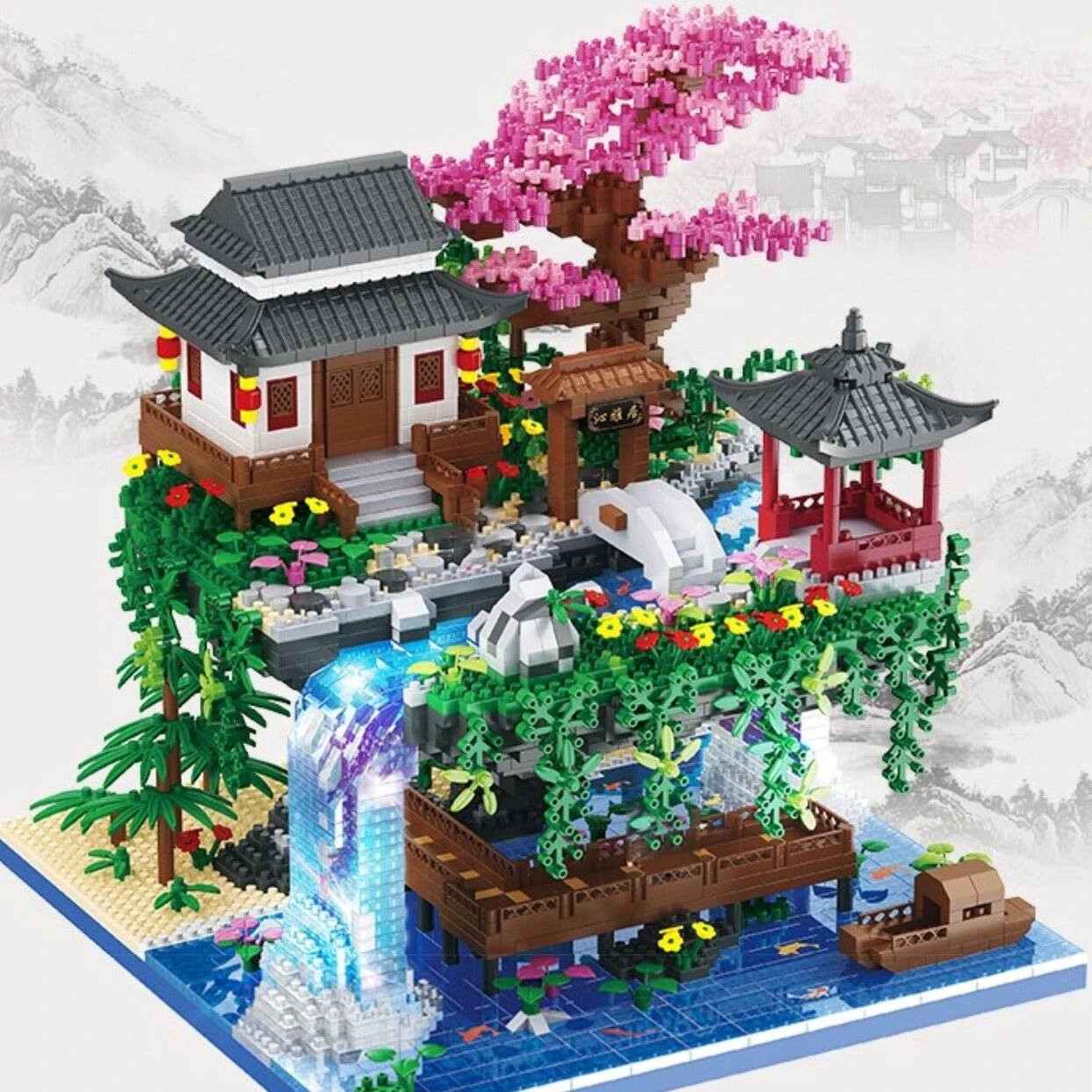Waterfall Japanese House Sakura Tree Floating Island Nano Building Blocks | Limited Stock by BowLift