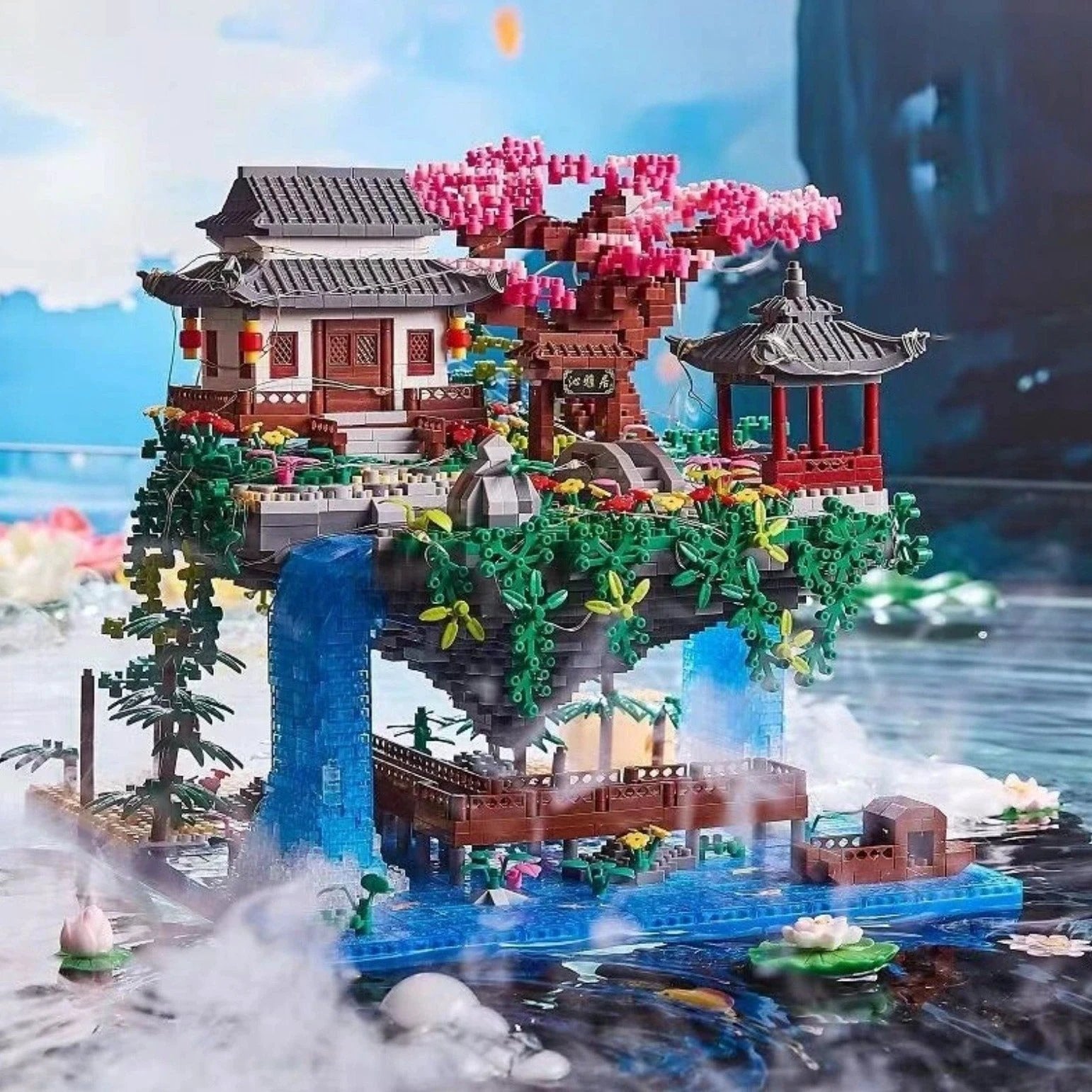 Waterfall Japanese House Sakura Tree Floating Island Nano Building Blocks | Limited Stock by BowLift