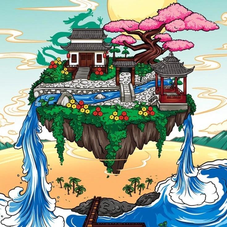 Waterfall Japanese House Sakura Tree Floating Island Nano Building Blocks | Limited Stock by BowLift
