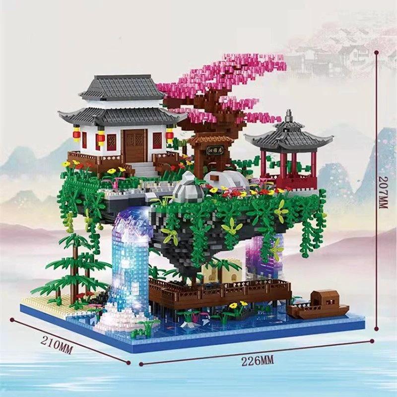 Waterfall Japanese House Sakura Tree Floating Island Nano Building Blocks | Limited Stock by BowLift