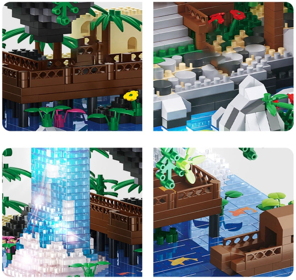 Waterfall Japanese House Sakura Tree Floating Island Nano Building Blocks | Limited Stock by BowLift