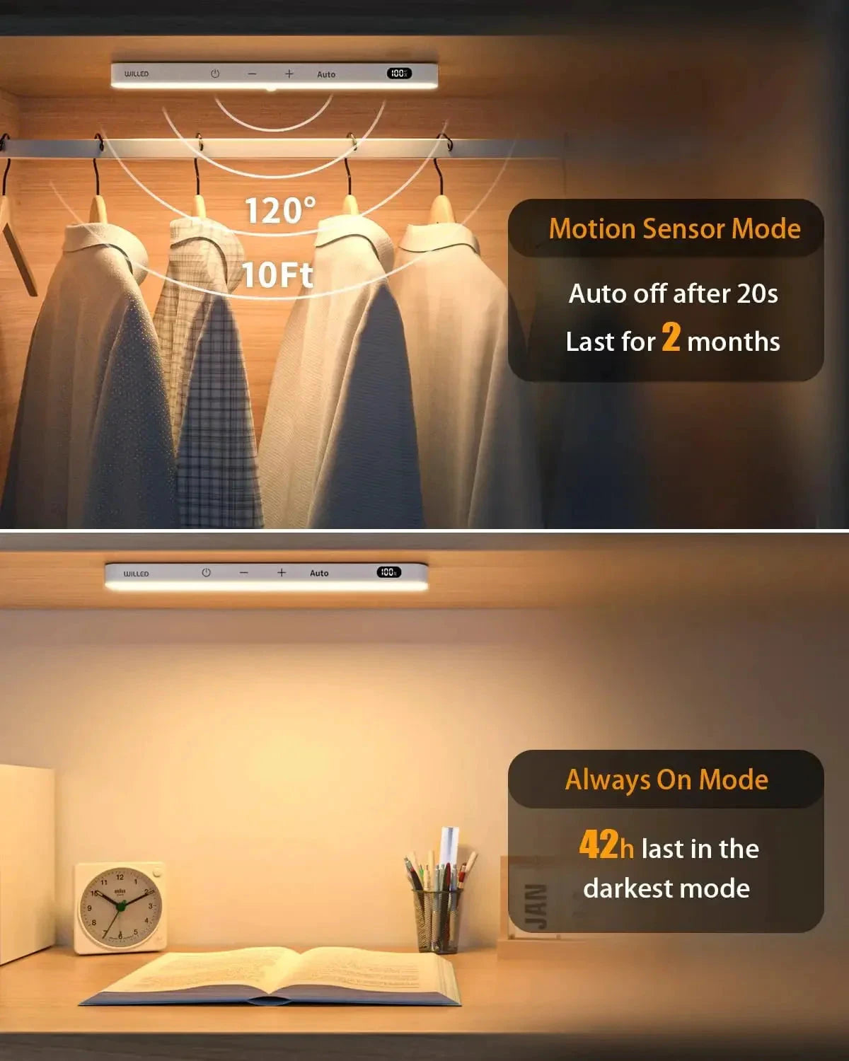 Kitchen Motion Sensor Light Indoor Battery Display 60 LED Touch Light Bar by Bowlift