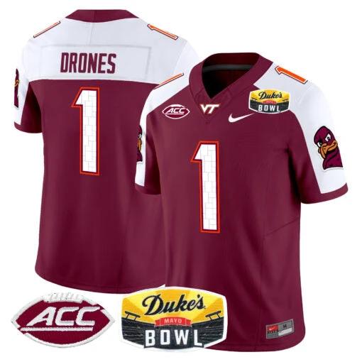 Kyron Drones Jersey #1 Virginia Tech Hokies 2025 Duke’s Mayo Bowl Patch Maroon Alternate by My Store