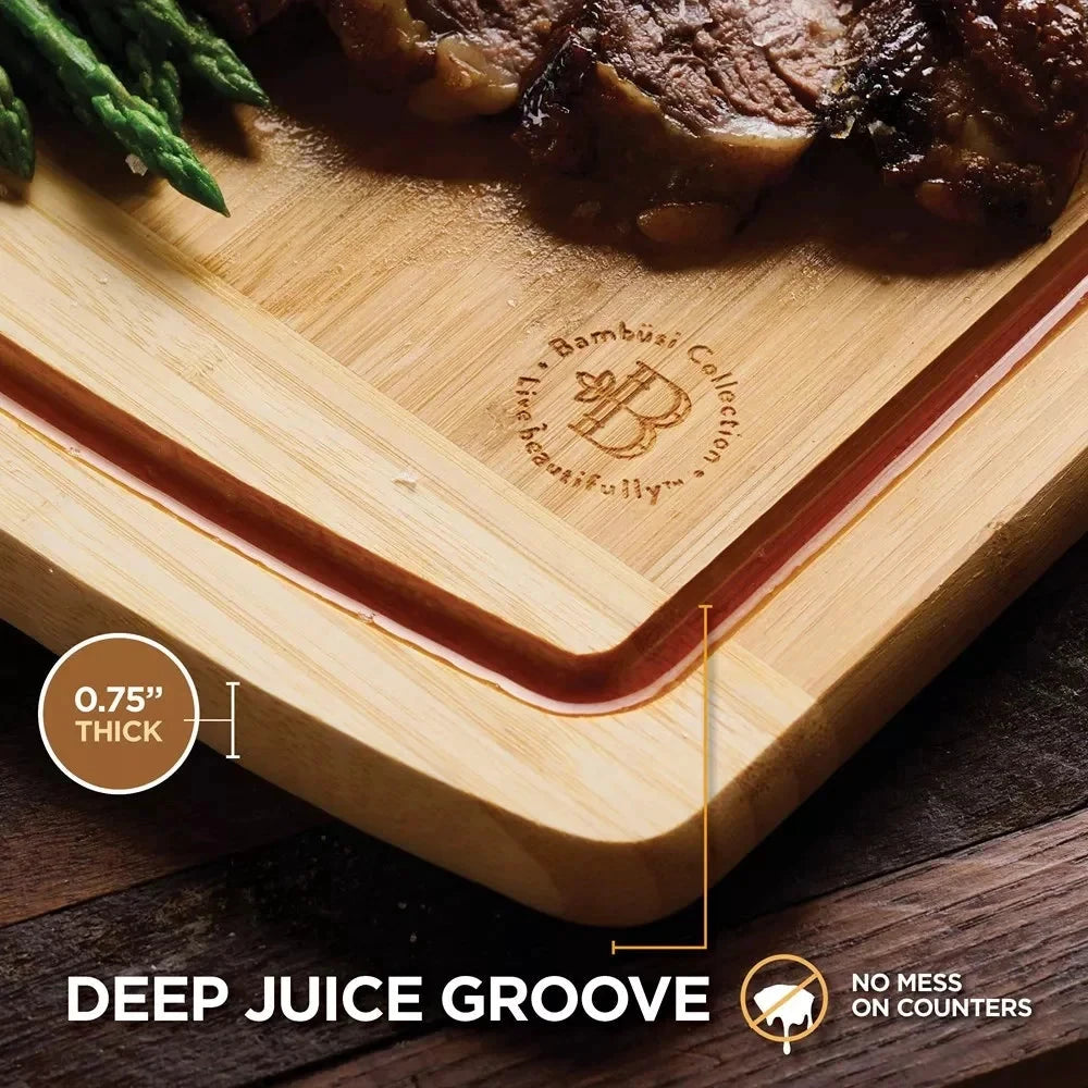 Large Bamboo Cutting Boards Set of 2 Non-Slip Kitchen Chopping Block by Bowlift