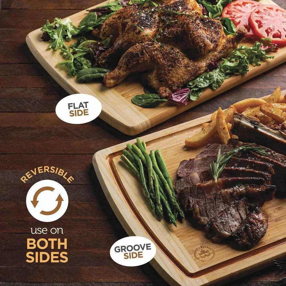 Large Bamboo Cutting Boards Set of 2 Non-Slip Kitchen Chopping Block by Bowlift
