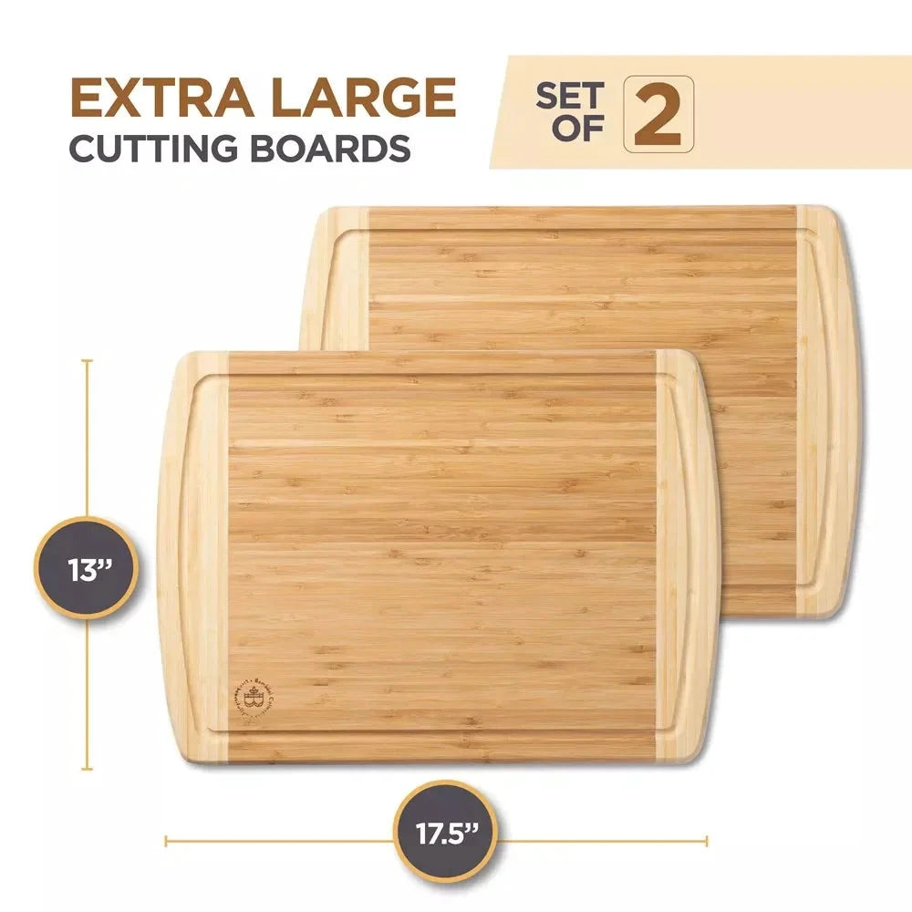 Large Bamboo Cutting Boards Set of 2 Non-Slip Kitchen Chopping Block by Bowlift