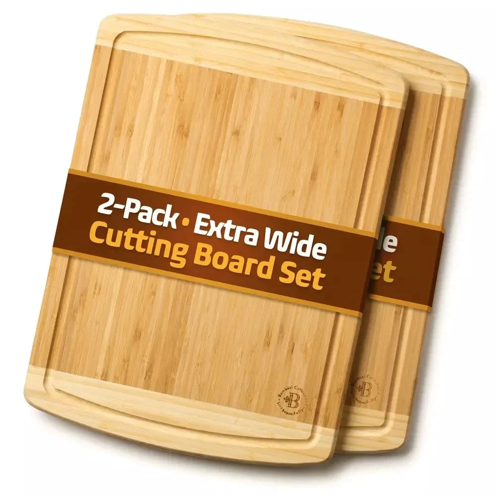Large Bamboo Cutting Boards Set of 2 Non-Slip Kitchen Chopping Block by Bowlift