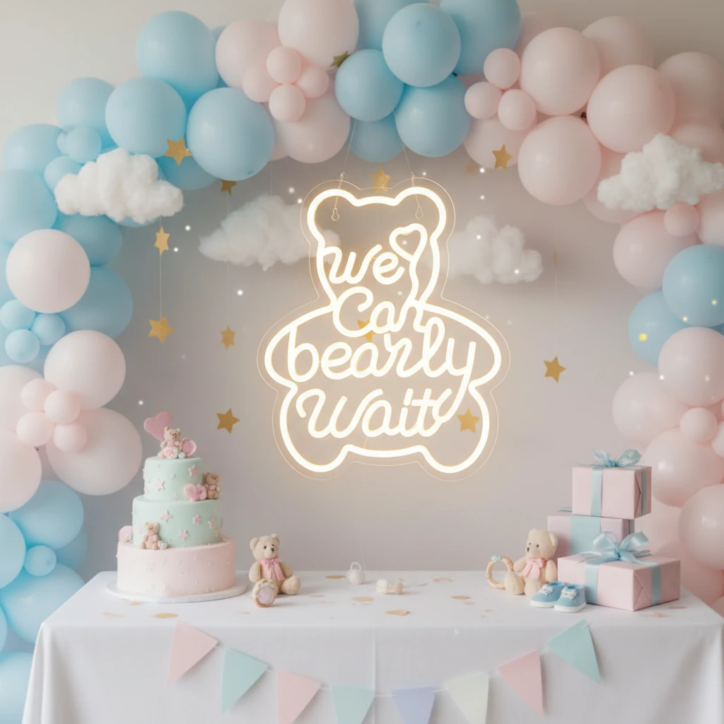 We Can Bearly Wait Neon Sign for Baby Shower Birthday Party Decor by Neonchics