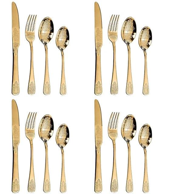 Luxury Cutlery Sets Silverware Kit Vintage Carved Tableware Set by Bowlift