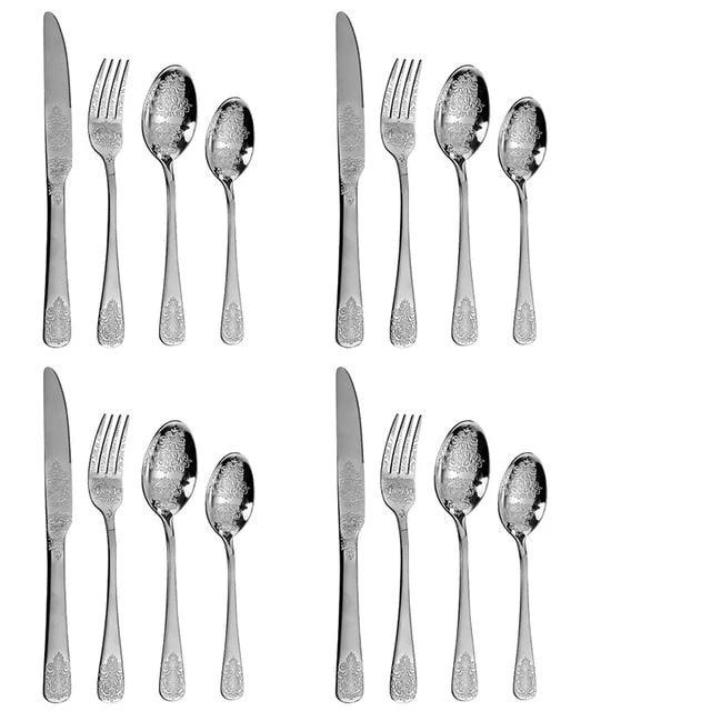 Luxury Cutlery Sets Silverware Kit Vintage Carved Tableware Set by Bowlift