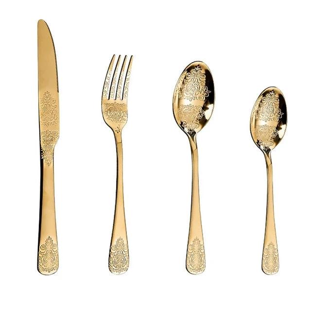 Luxury Cutlery Sets Silverware Kit Vintage Carved Tableware Set by Bowlift