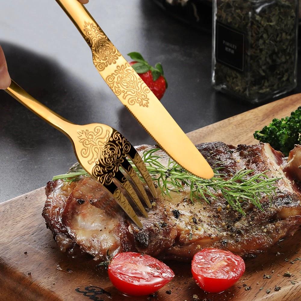 Luxury Cutlery Sets Silverware Kit Vintage Carved Tableware Set by Bowlift