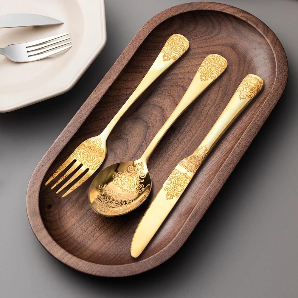 Luxury Cutlery Sets Silverware Kit Vintage Carved Tableware Set by Bowlift