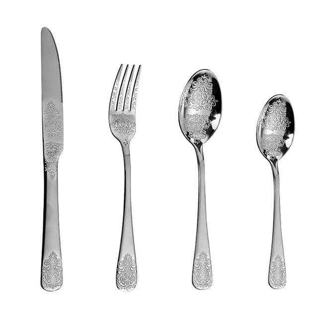 Luxury Cutlery Sets Silverware Kit Vintage Carved Tableware Set by Bowlift