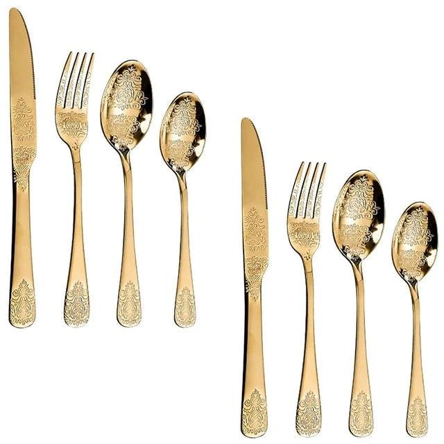Luxury Cutlery Sets Silverware Kit Vintage Carved Tableware Set by Bowlift