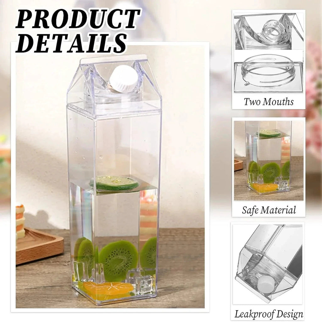 Milk Carton Water Bottle Plastic Square Transparent Drink Storage by Bowlift