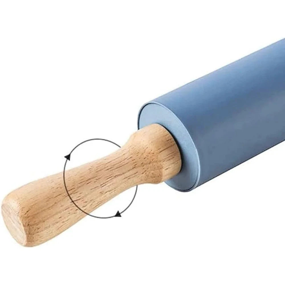 Non-Stick Silicone Rolling Pin with Wooden Handles Baking Dough Roller by Bowlift