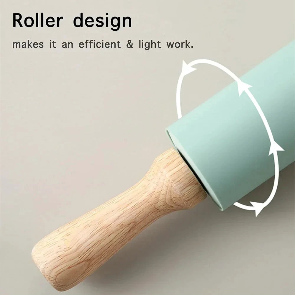 Non-Stick Silicone Rolling Pin with Wooden Handles Baking Dough Roller by Bowlift