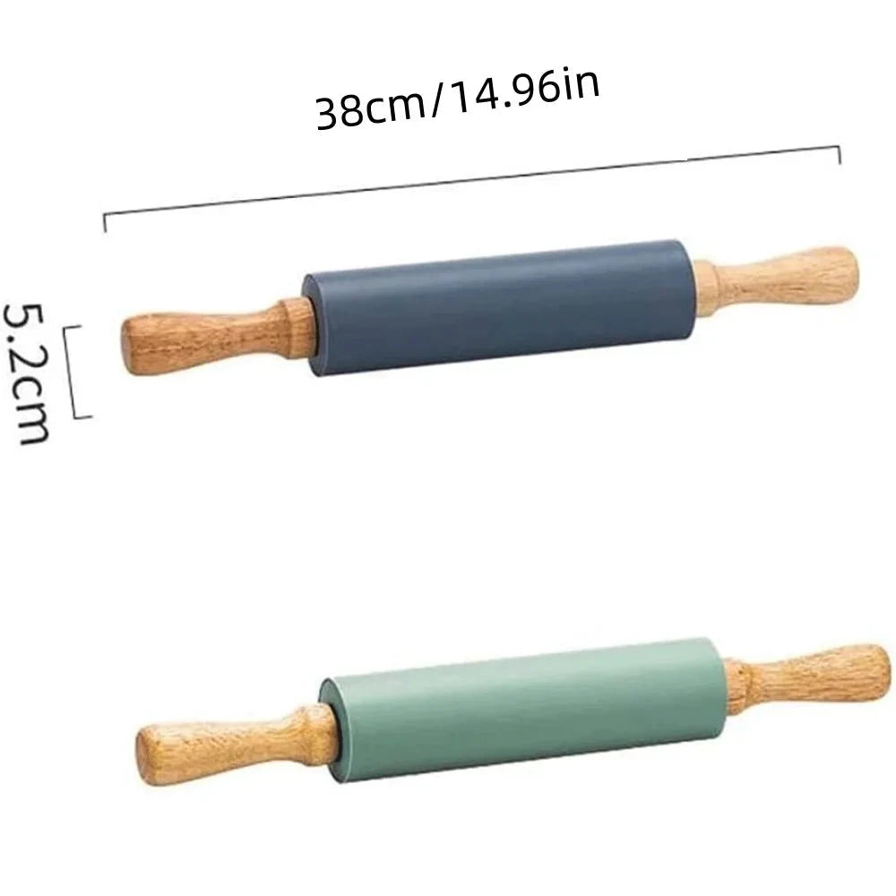 Non-Stick Silicone Rolling Pin with Wooden Handles Baking Dough Roller by Bowlift