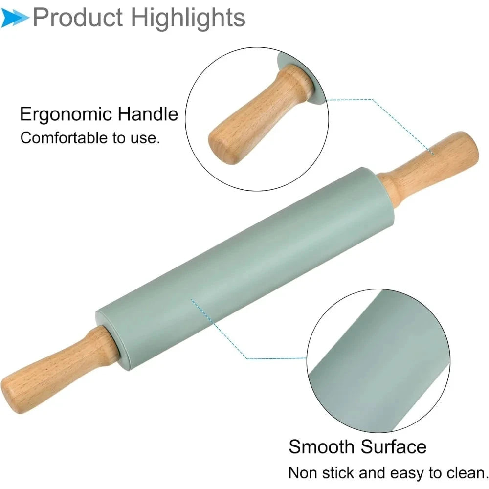 Non-Stick Silicone Rolling Pin with Wooden Handles Baking Dough Roller by Bowlift