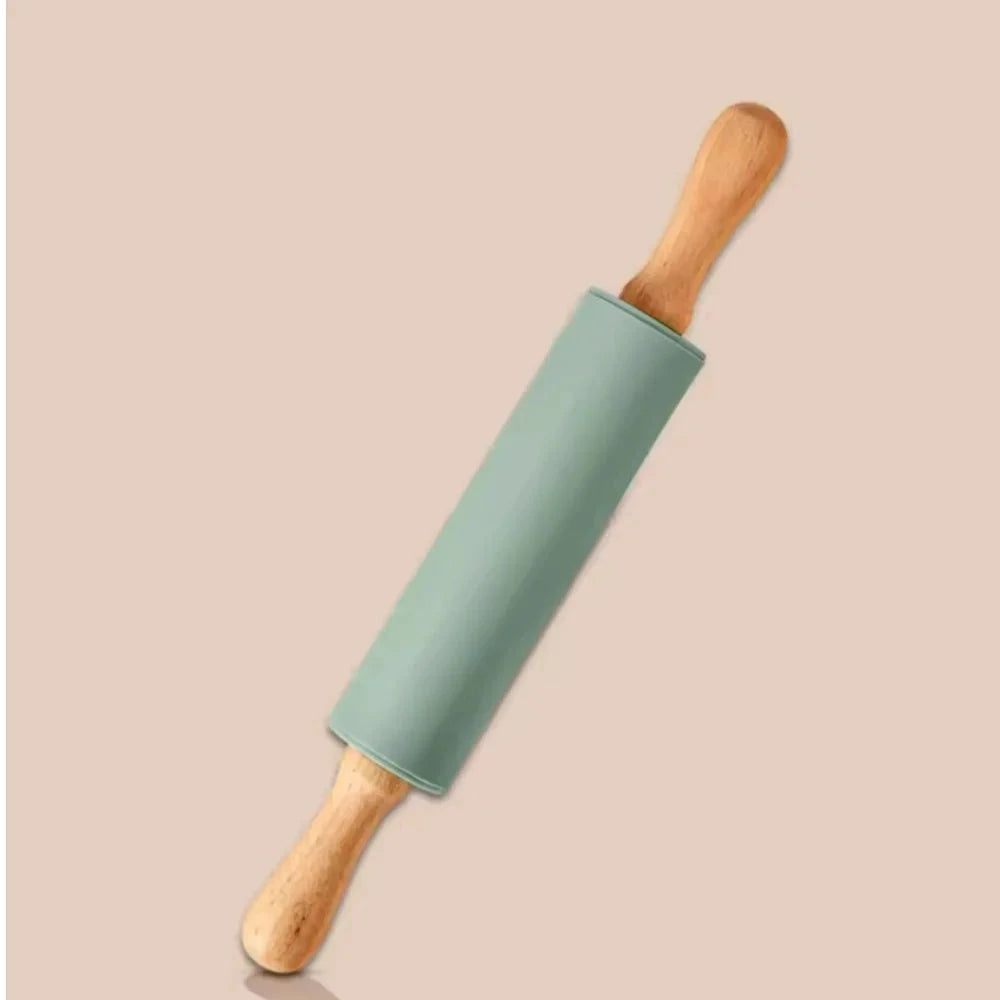 Non-Stick Silicone Rolling Pin with Wooden Handles Baking Dough Roller by Bowlift