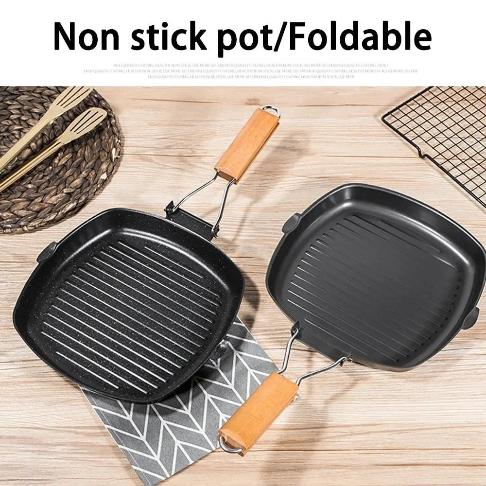 Nonstick Cast Iron Grill Pan Foldable Frying Pan with Wooden Handle by Bowlift