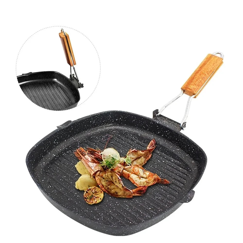 Nonstick Cast Iron Grill Pan Foldable Frying Pan with Wooden Handle by Bowlift