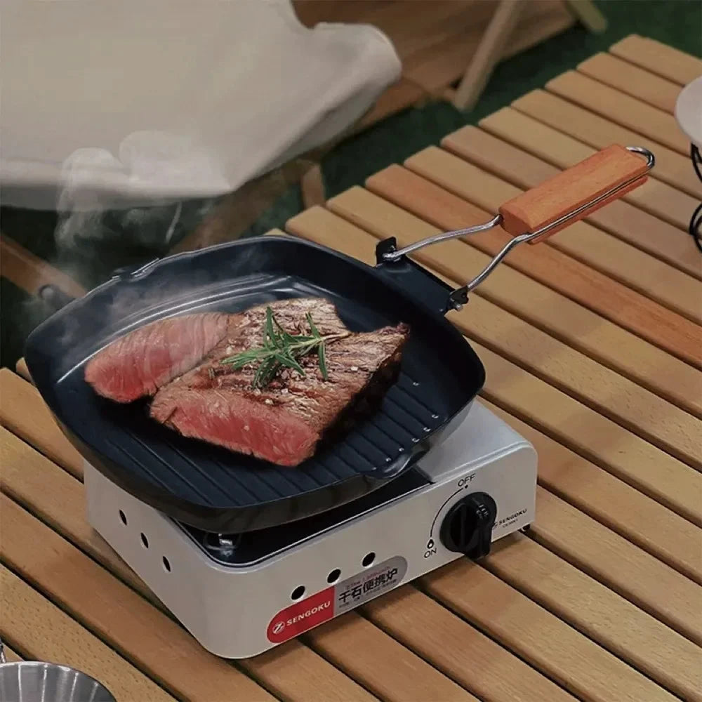 Nonstick Cast Iron Grill Pan Foldable Frying Pan with Wooden Handle by Bowlift