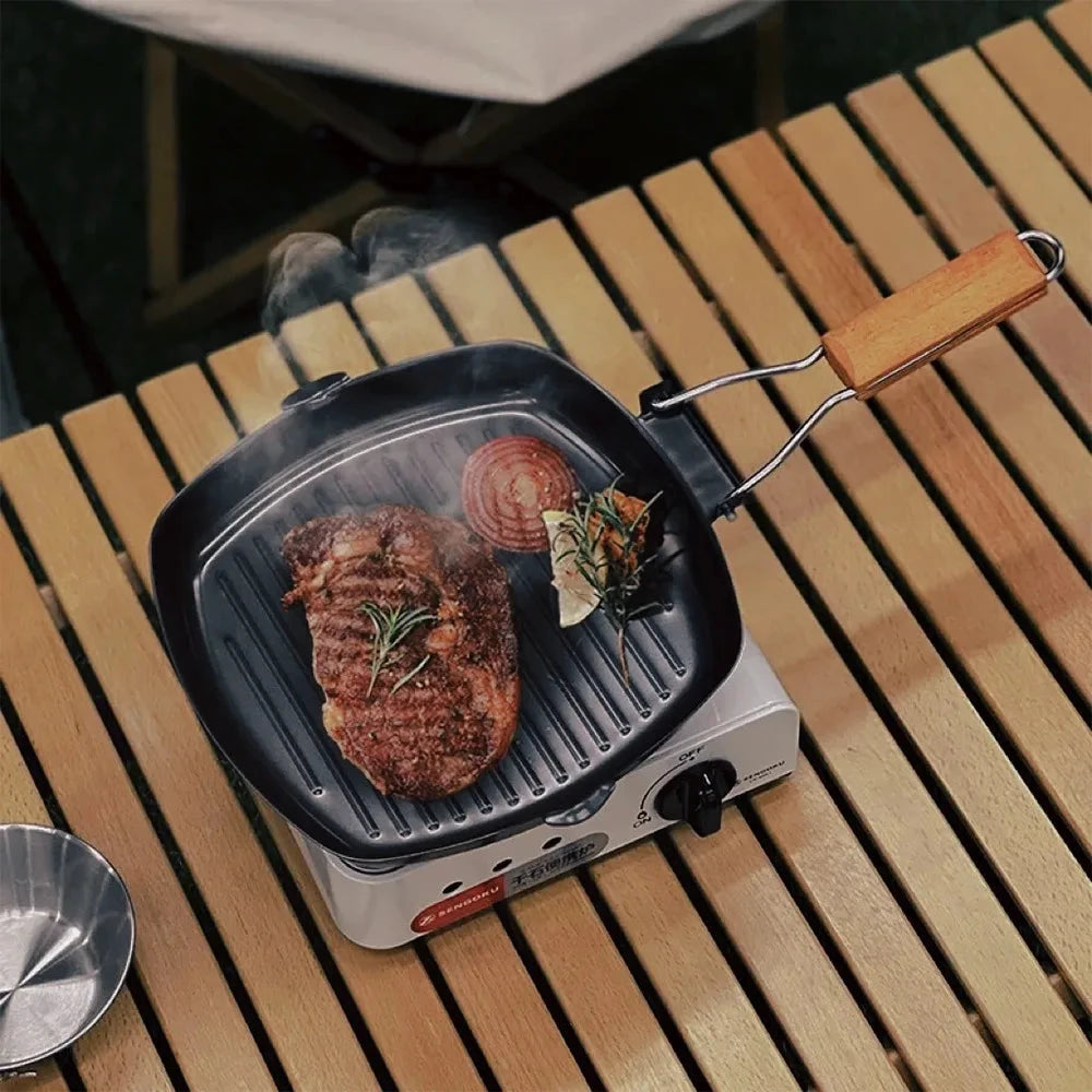 Nonstick Cast Iron Grill Pan Foldable Frying Pan with Wooden Handle by Bowlift