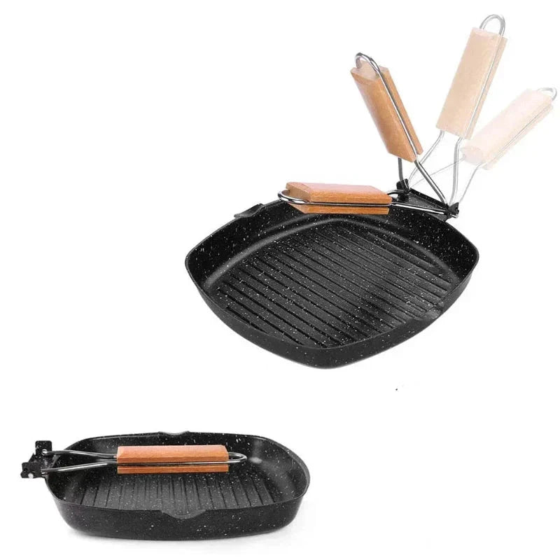 Nonstick Cast Iron Grill Pan Foldable Frying Pan with Wooden Handle by Bowlift