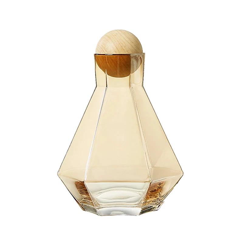 Nordic Prismatic Water Pots Glass Carafe Wooden Lid Decanter Glass by Bowlift