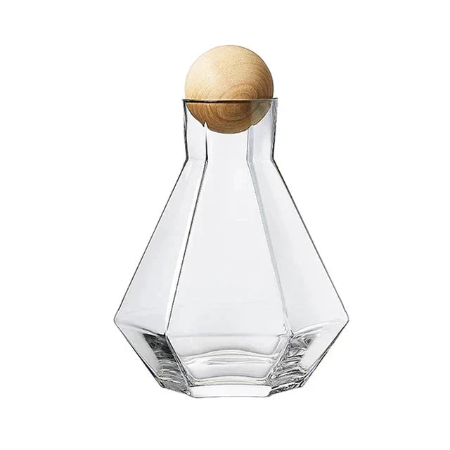 Nordic Prismatic Water Pots Glass Carafe Wooden Lid Decanter Glass by Bowlift