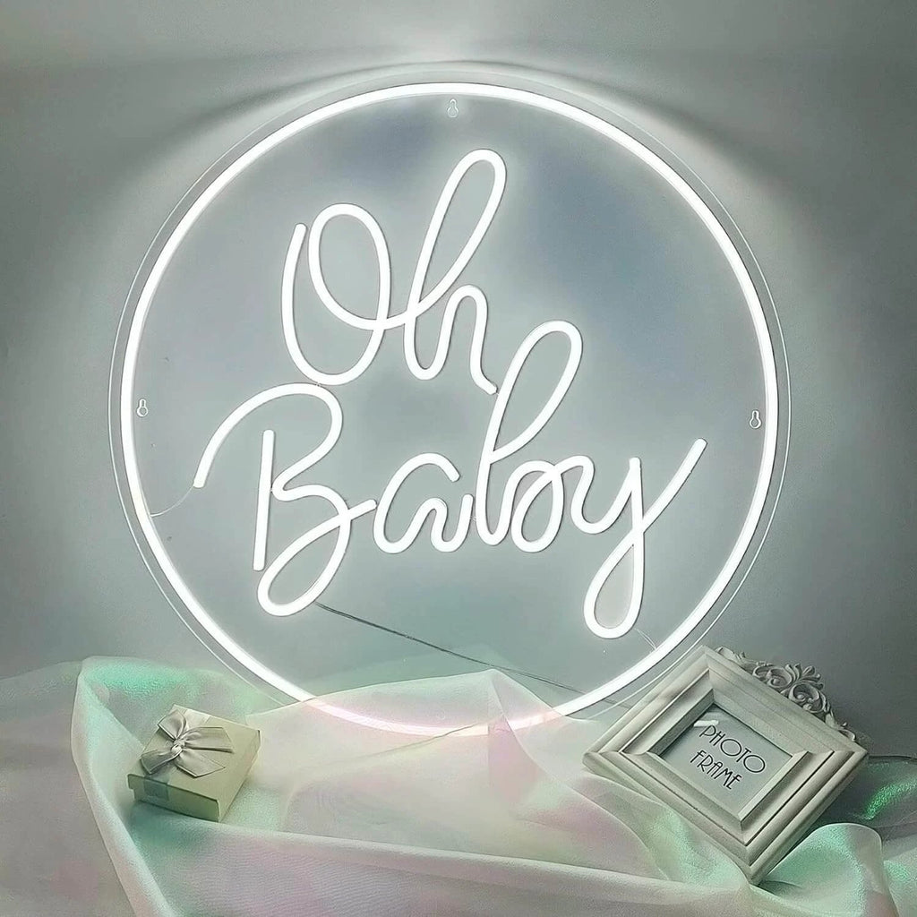 Round Oh Baby Neon Sign for Baby Shower Birthday Party Decor by Neonchics